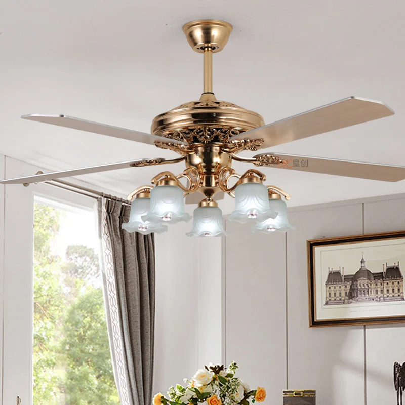 Imagem -03 - Integrado Ouro Teto Fan Luz Luz de Frequência Variável Lâmpada do Quarto American Dining And Living Room 52 E27