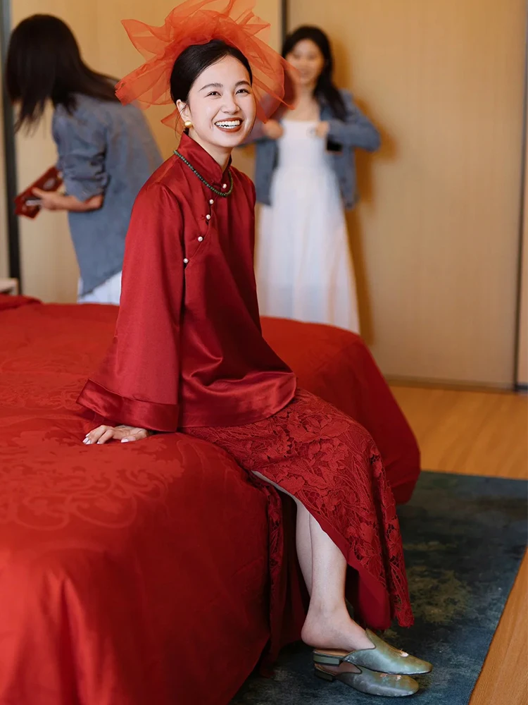 

Ele Red Wine Color Wedding Dr Set New Chinese Sle Bridal Suit for Engagement And Wedding Ceremony