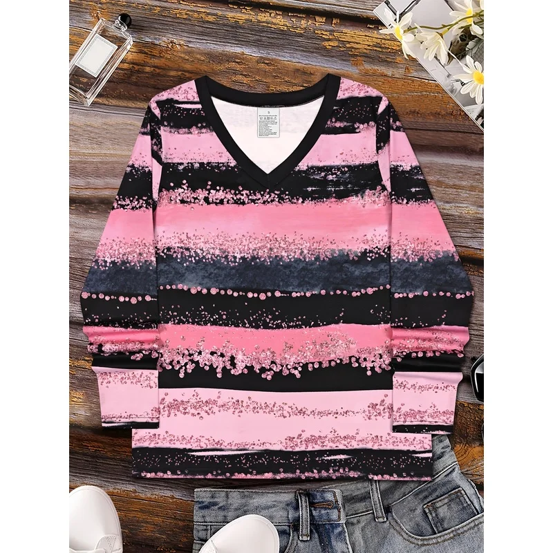 Fashion Women's Casual Long Sleeve T Shirt Breathable V Neck 3D Print Abstract Gradient Tie Dye Pink Crystal Stripe Graphic Eleg