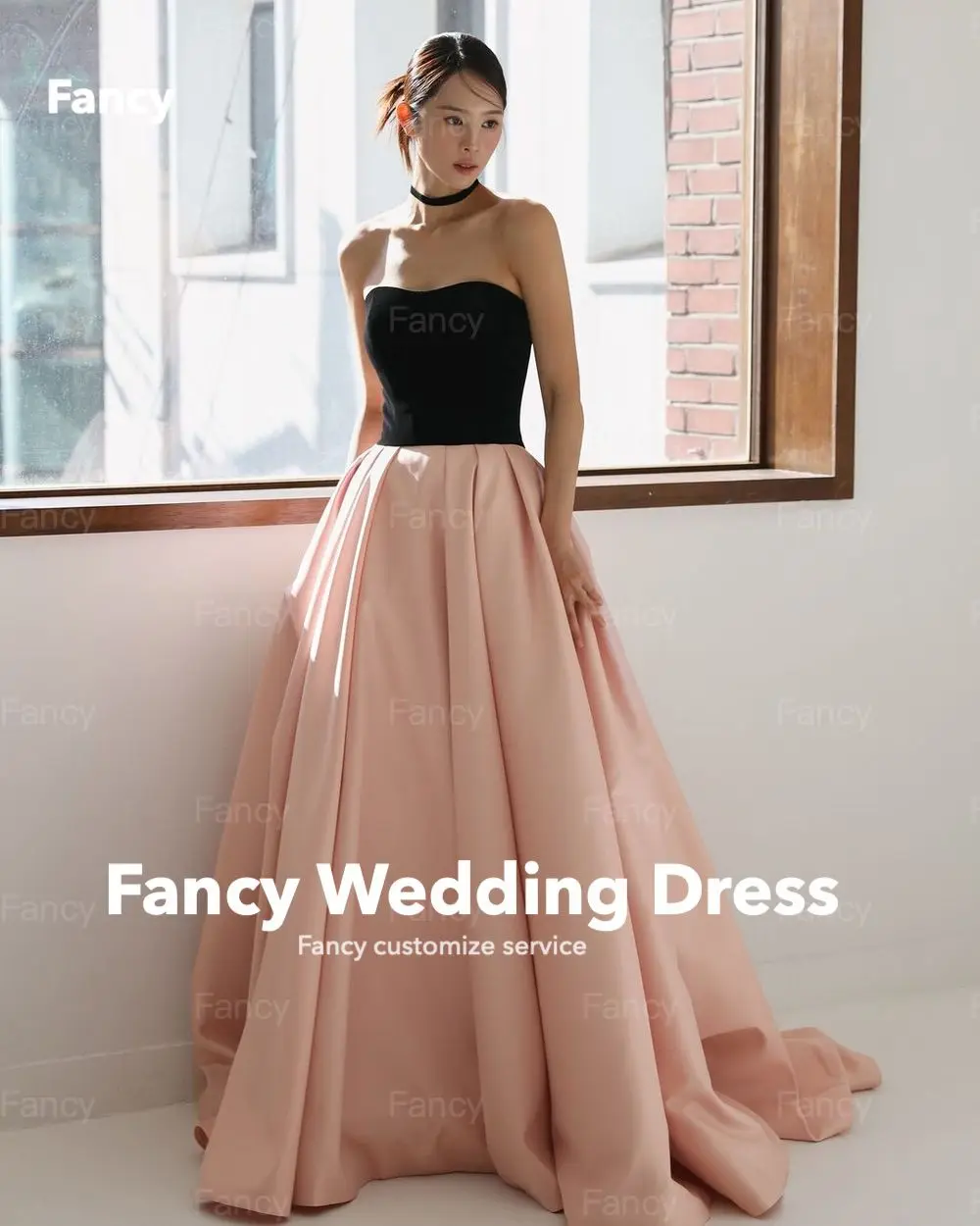 Fancy Contrast Color Pink And Black Evening Party Dresses Off Shoulder Detachable Sleeves Wedding Photo shoot Korea Customized