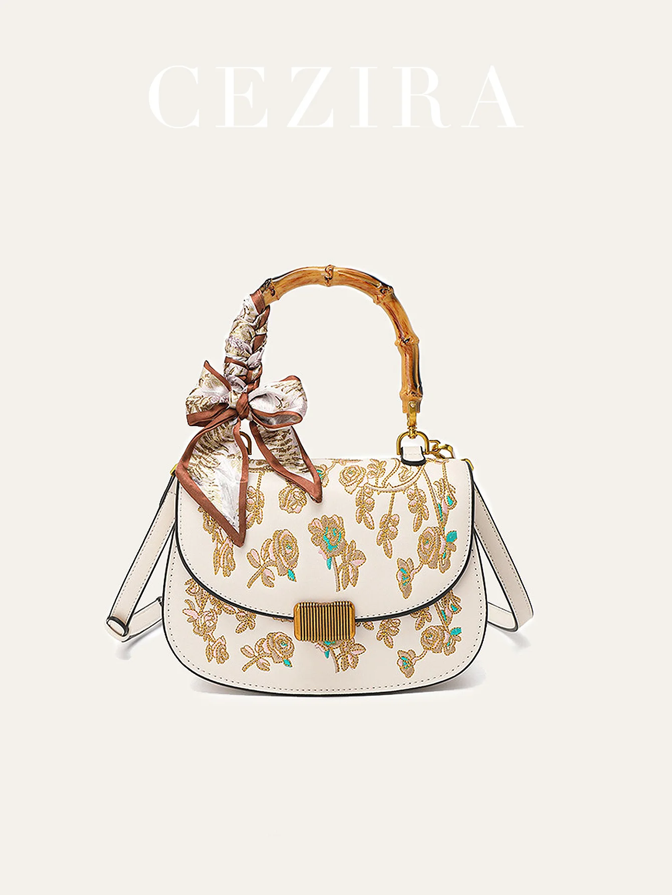 

CR Summer Vacation Women's Fashion Elegant Top-handle Saddle Bag Cross body Shoulder Handbag Floral Pattern PU Vegan Leather