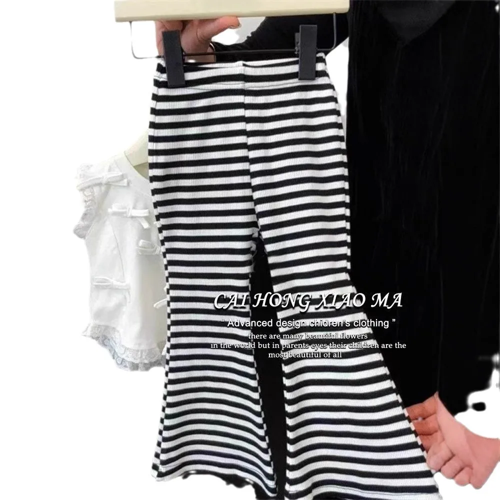 أطقم ملابس صيفية للفتيات 2025 بلوزة كورية جديدة بدون أكمام وسراويل مخططة واسعة بدلات أطفال #5