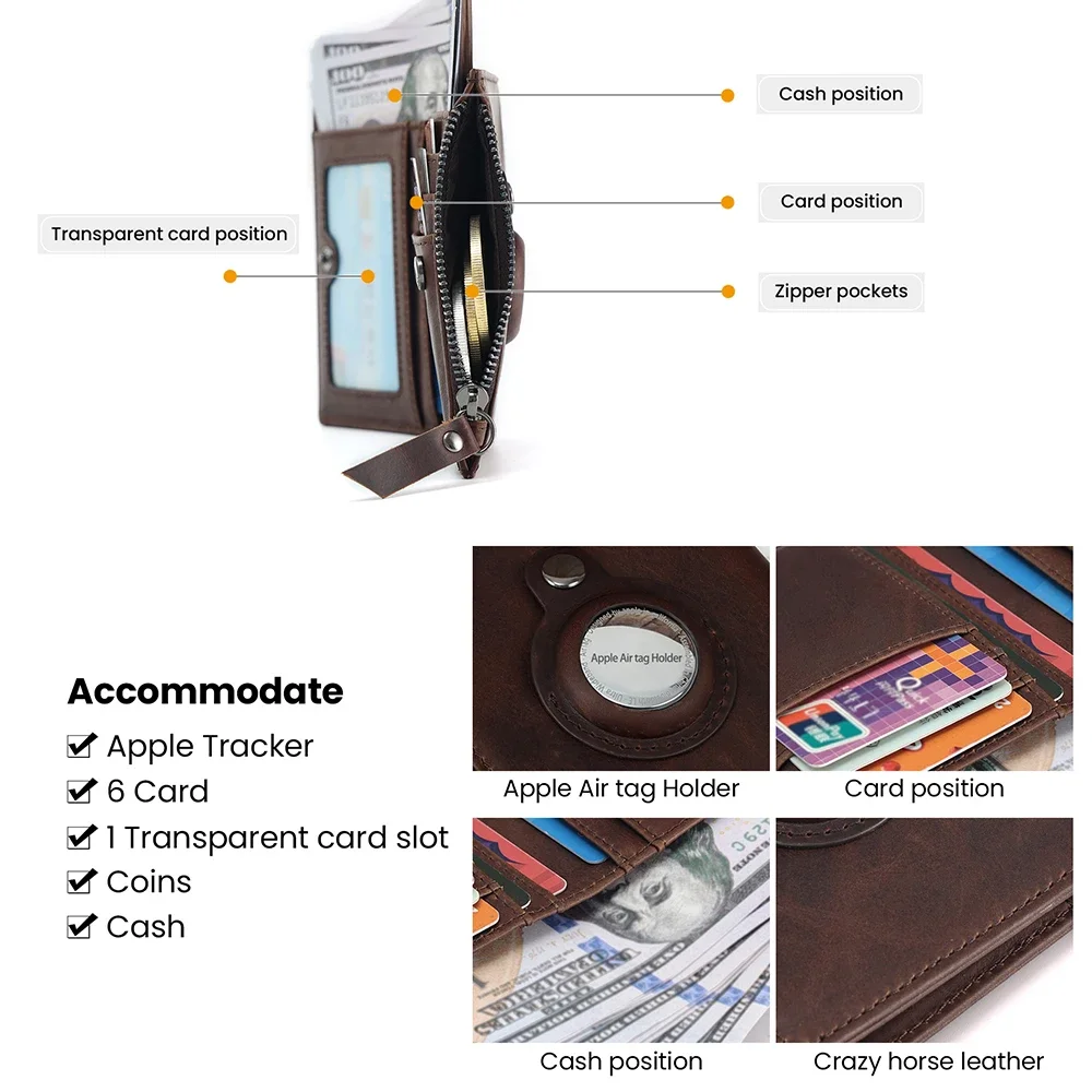 محفظة AirTag من الجلد الطبيعي للرجال مع مشبك نقود وعلامة هوائية RFID تحجب حامل بطاقة الائتمان ثنائي الطي هدايا للرجال