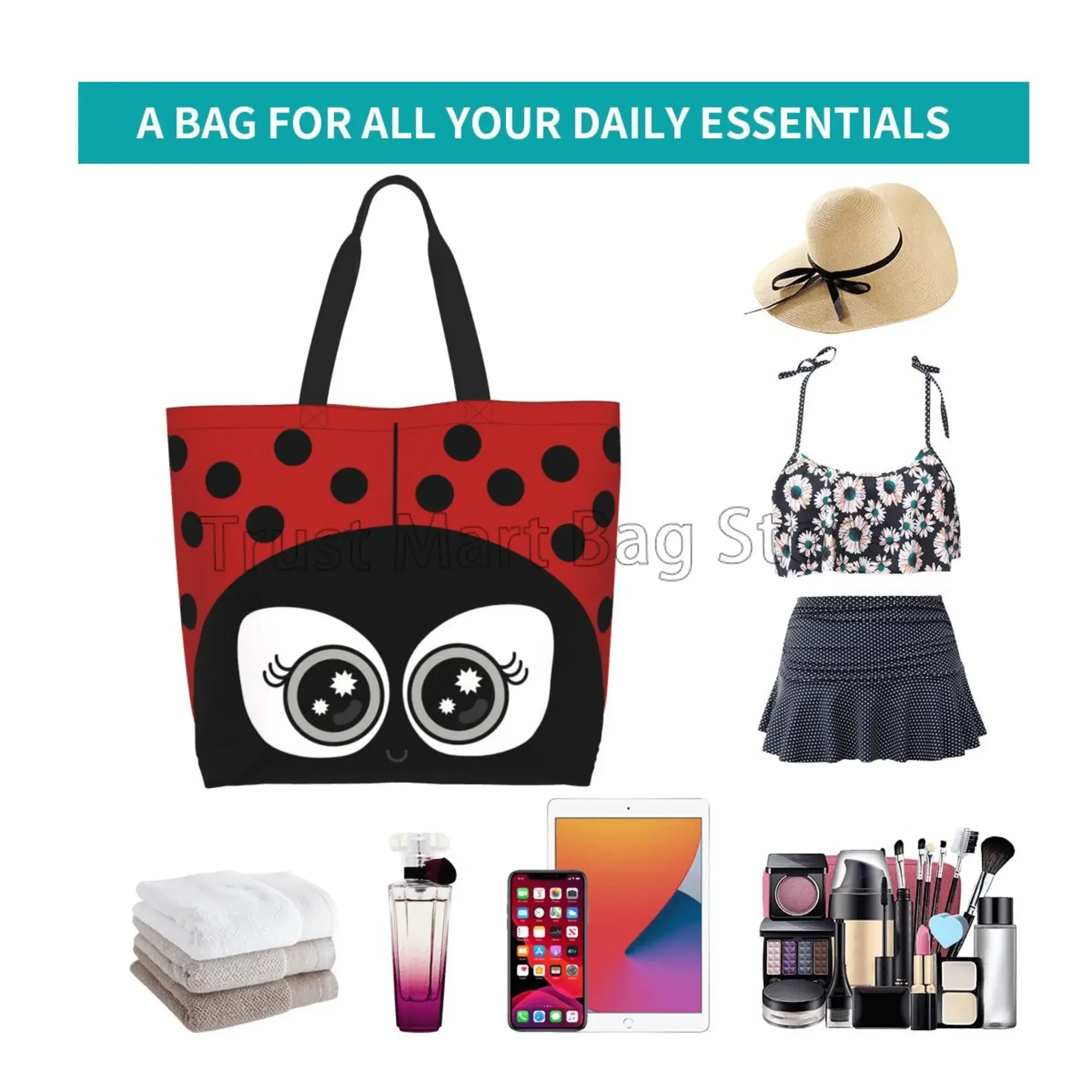 Cute Cartoon Ladybug Tote Bag for Women Beach Bag Portable Waterproof Handbag Reusable Grocery Bags for Travle Gym Shopping