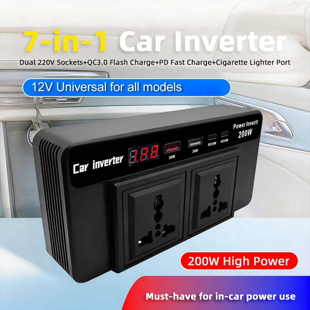 Power Adapter Digital Display ​Car Inverter DC 12V to AC 220V Auto Accessories Voltage Detection With USB Type-C Charger Port