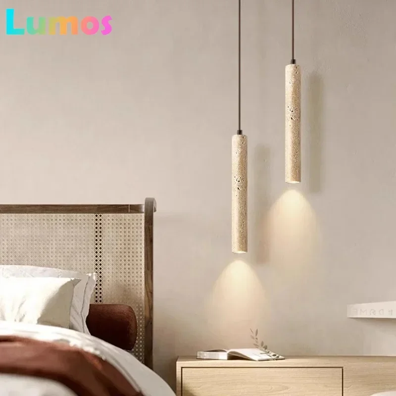 

Nordic Minimalist Design Restaurant Led Decorative Chandelier Yellow Travertine Cylindrical Home Bedside Pendent Lamp