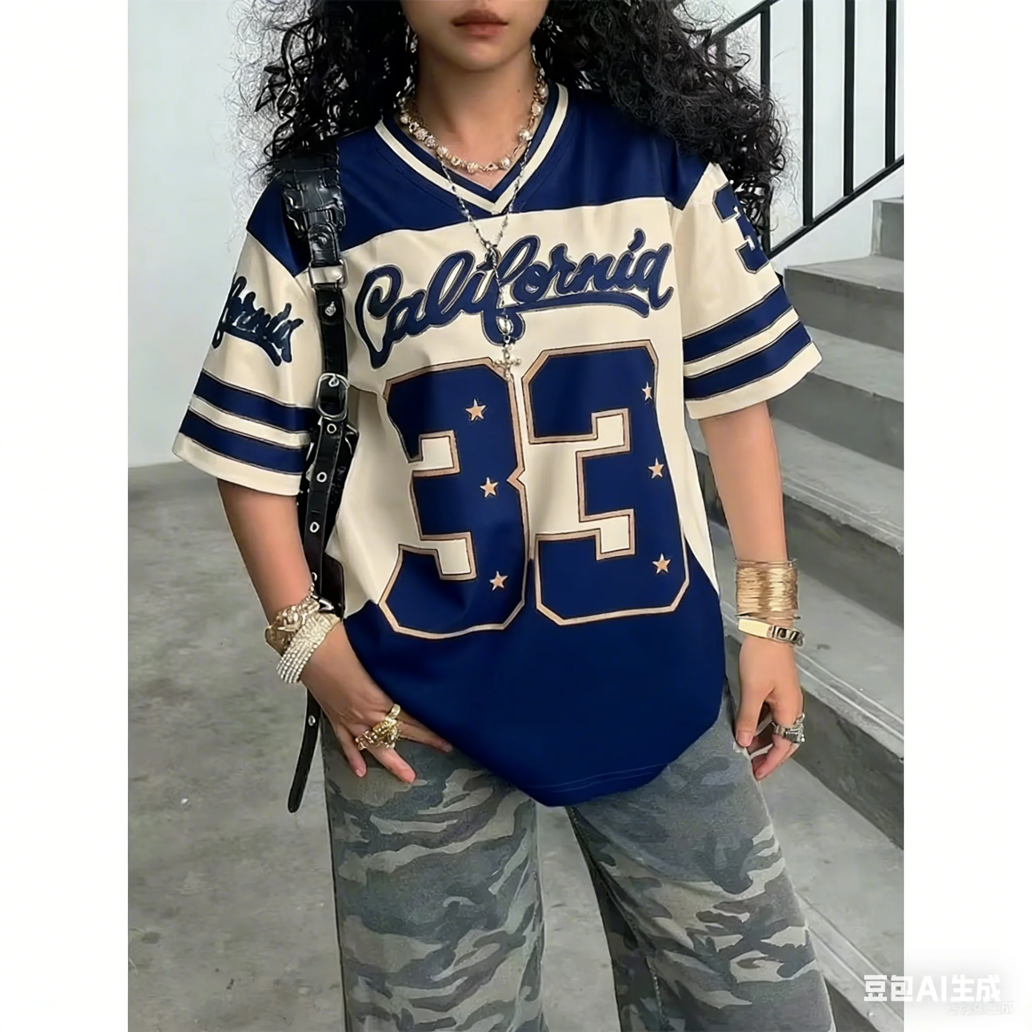 Women's Casual Personality Number & Letter Printing Soccer T-Shirt Fashion V-Neck Loose Oversize Comfort Top Spring/Fall