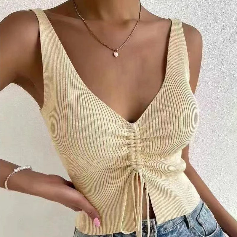 Summer Sexy V-neck Knitted Camisole Women Fashion Drawstring Slim Crop Top