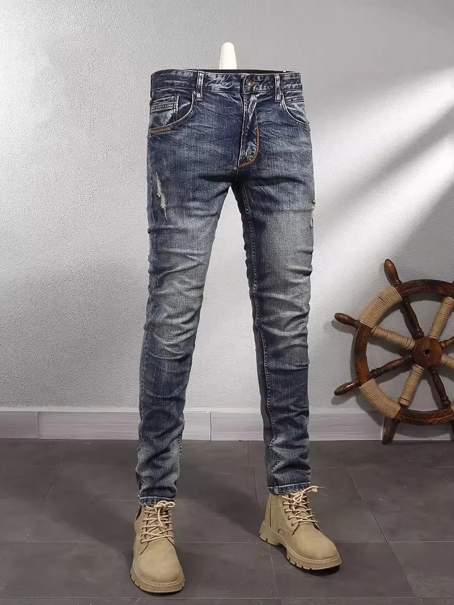 Fashion Designer Men Jeans High Quality Retro Washed Blue Elastic Slim Fit Ripped Jeans Men Vintage Casual Denim Pants Hombre