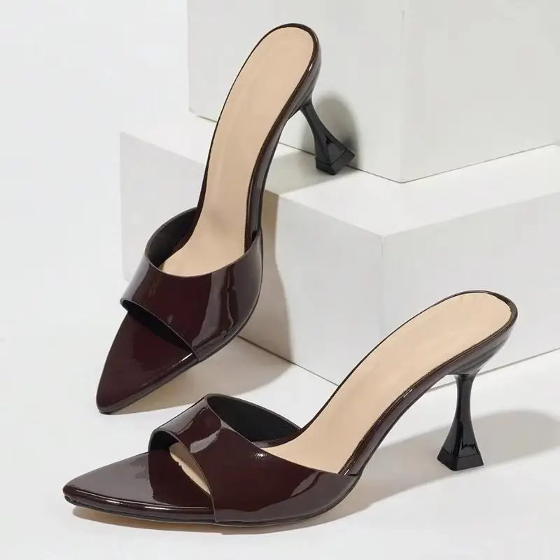

Summer 8CM Slippers Woman Pointed Open Toe Slip On Slides Sandals Ladies Elegant Thin High Heels Party Dress Banquet Mules Shoes