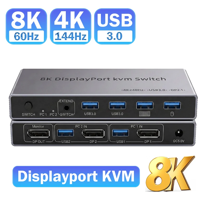 DisplayPort KVM-Switch 2-in-1-out 8K@60Hz 4K@144Hz DP1.4 KVM USB3.0-Switch mit 4 USB-Anschlüssen für 2 PCs zum gemeinsamen Anschluss von Monitor, Tastatur und Maus