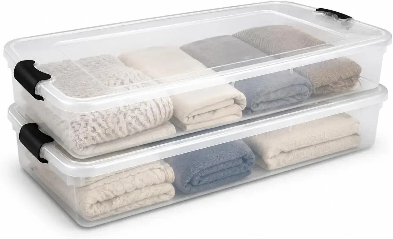 Under Bed Clear Plastic Storage Bin w/Lid, 60 Qt, Gray Latch, 2 Pack | Stackable Underbed Container Set for Shoes, Bags, Clothes, and Towel Organization