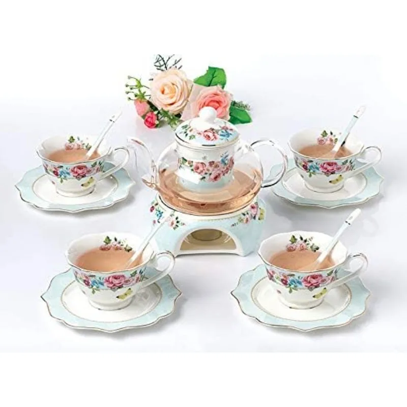 Fine China Flower Series Tea Set-Teacup Saucer Spoon Set with Teapot Warmer , 16 pcs in 1 set (FDMM Glass pot set 04)