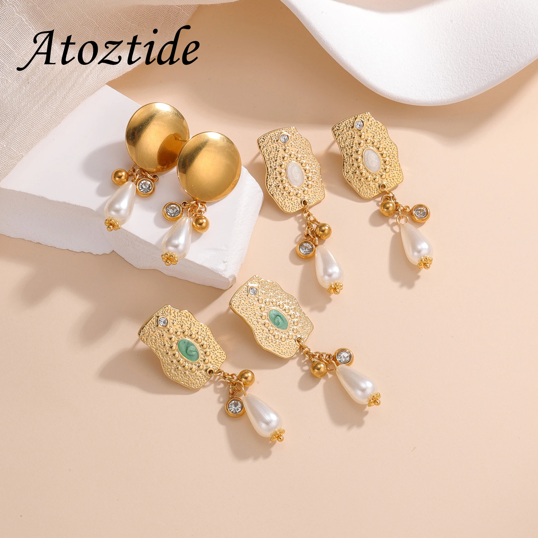 Atoztide Fashion Imitation Pearl Earrings for Women Stainless Steel Irregular Geometric Zirocn Exquisite Earring Jewelry Gift