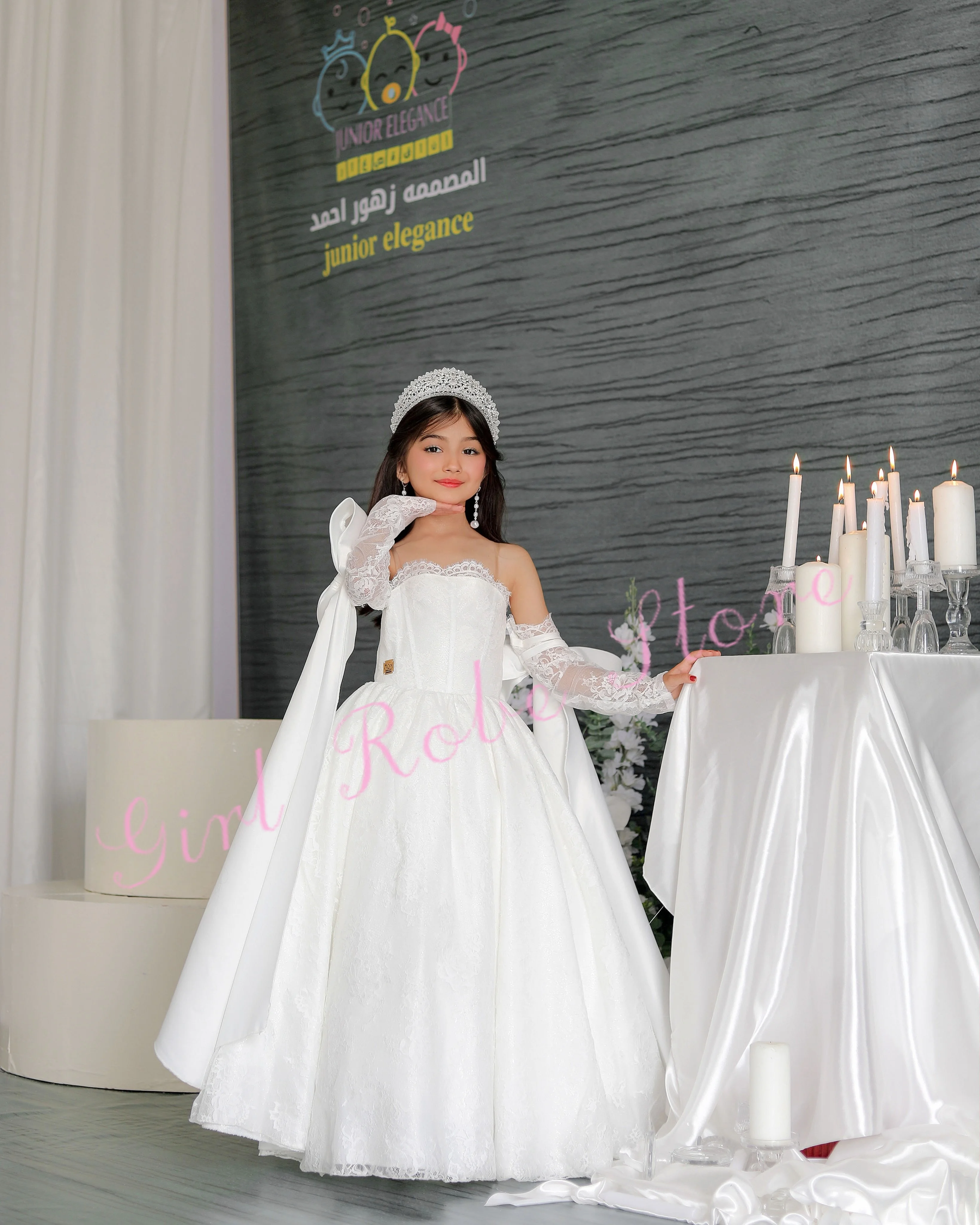 Elegant White Satin Flower Girl Dress For Wedding Lace A-Line With Bow Princess Evening Party First Communion Gown Customized