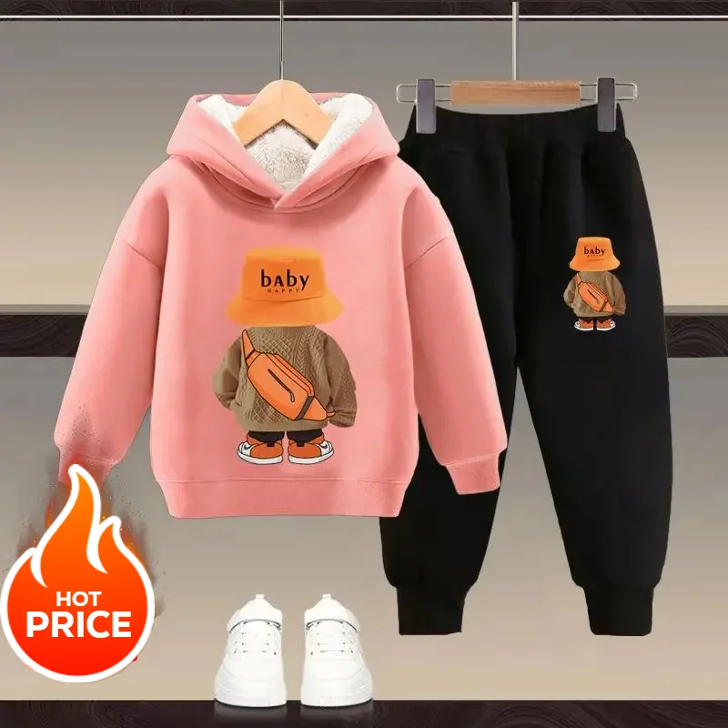 winter Boys Clothes plush warm long sleeve& trousers 2 Pieces Set Teenage Girls & Boys Printed bear hoodies Fashion Casual Top &