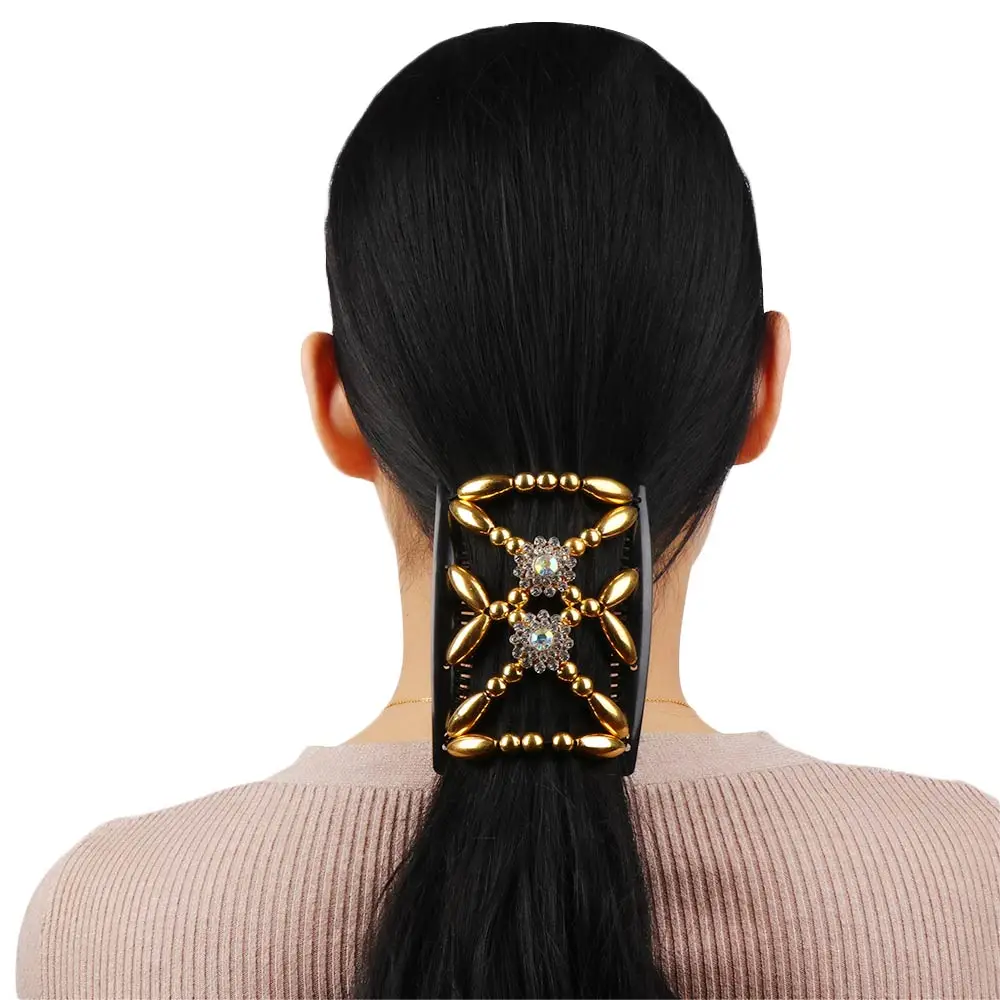Styling Tool Accessories Handmade Stretch Flower Crystal Magic Hair Comb Beaded Hair Clip Double Comb Elastic Hairpin