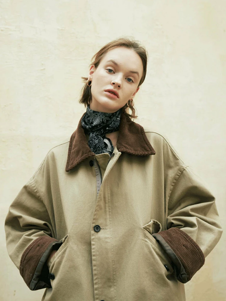 Casual ort Jaet Women's Windbreaker Stand Collar Splicing Loose Coat Ladies' Commuter Sle Button ket Detail Cotton B...