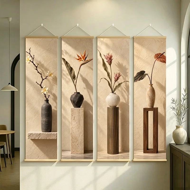 Wall Decor Preserved Anthurium and Preserved Plumeria, Wabi-Sabi Silver Shimmer Canvas Hanging Scroll for Meditation Room