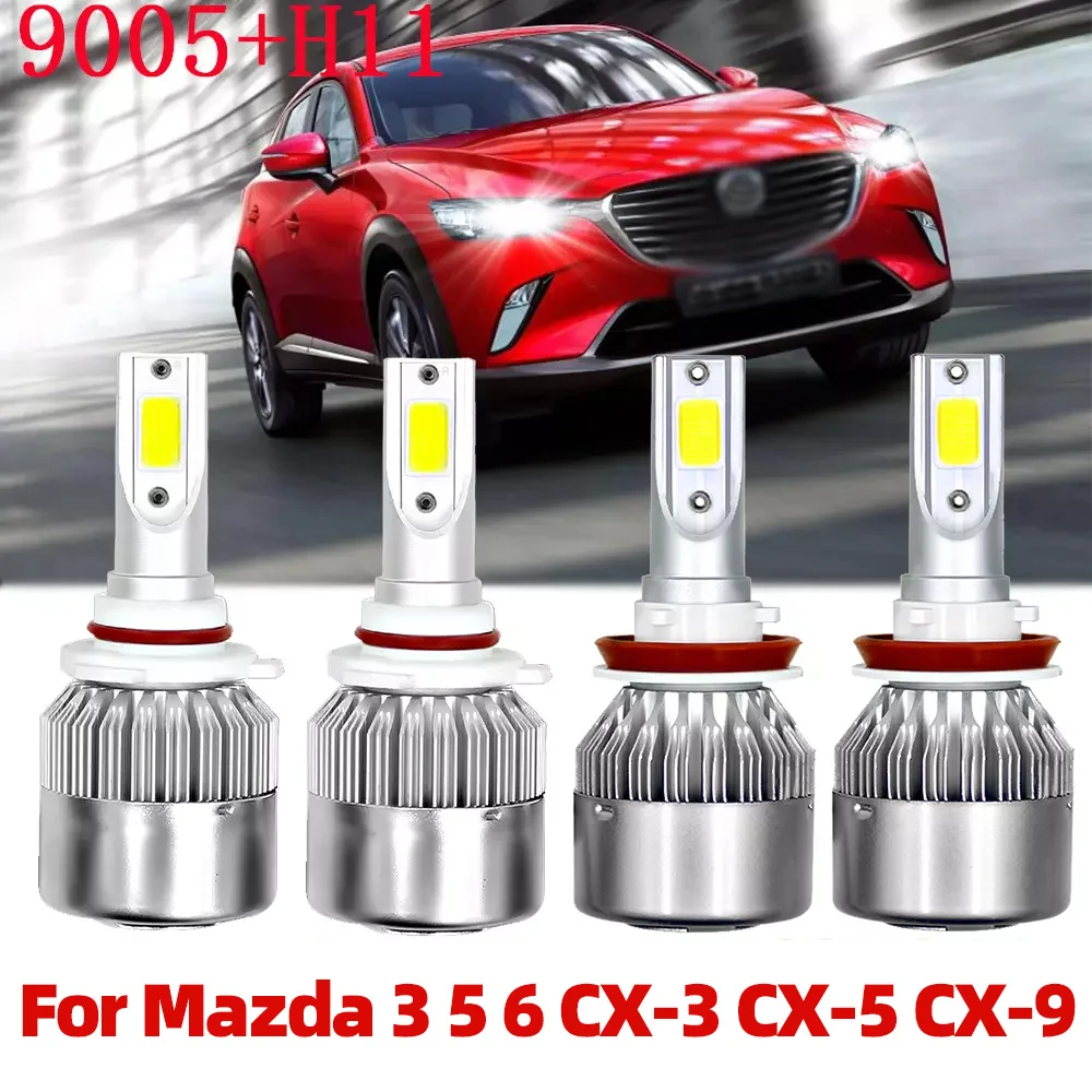 4PCS LED Headlight 9005 H11 Bulbs High+Low Beam For 2009 2010-2023 Mazda 3 5 6 CX-3 CX-5 CX-9 To Replace 12V Car Front Headlamps