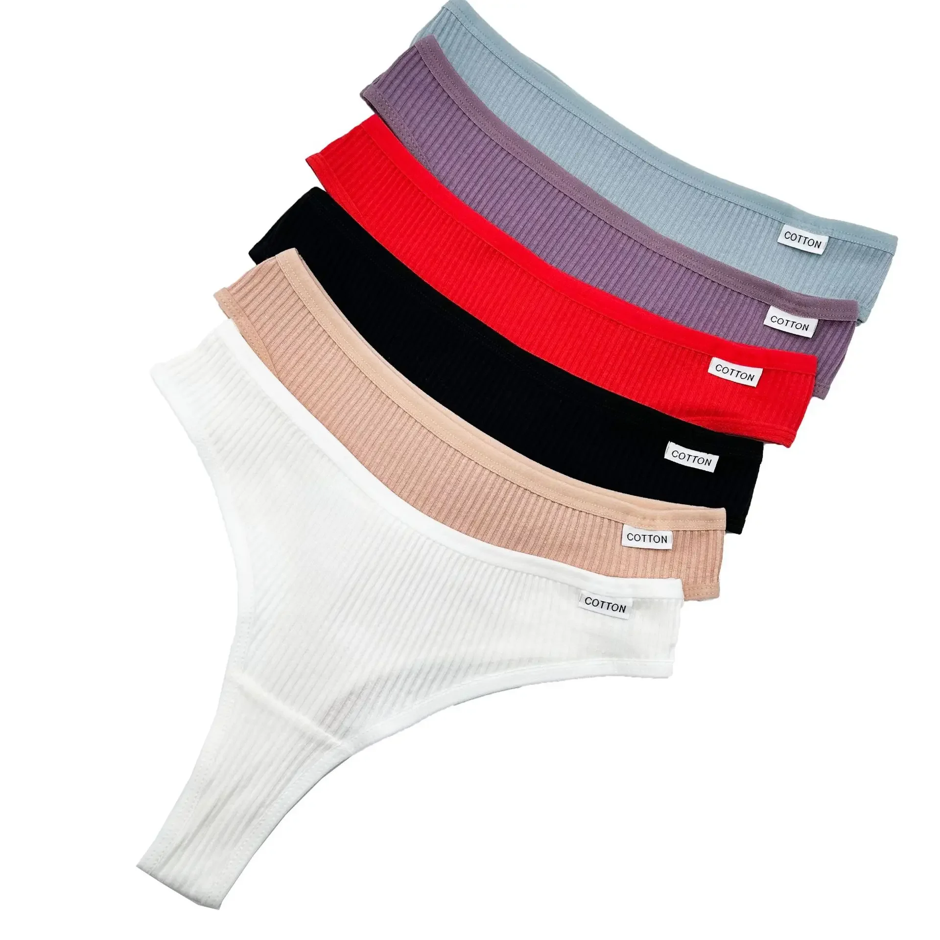 6Pcs/Set Women Cotton Thongs Panties Female Ribbed Low Rise G-String Ladies Sexy Bikini 7 Solid Color Girl Soft M-XL Intimates