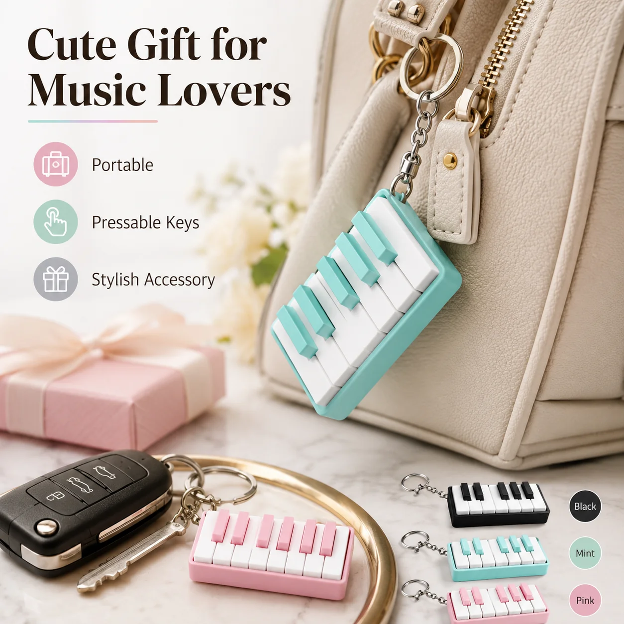 3D Piano Keychain Pendant, Relaxing Key Button Bag Accessory, Trendy Music Gift Keychain