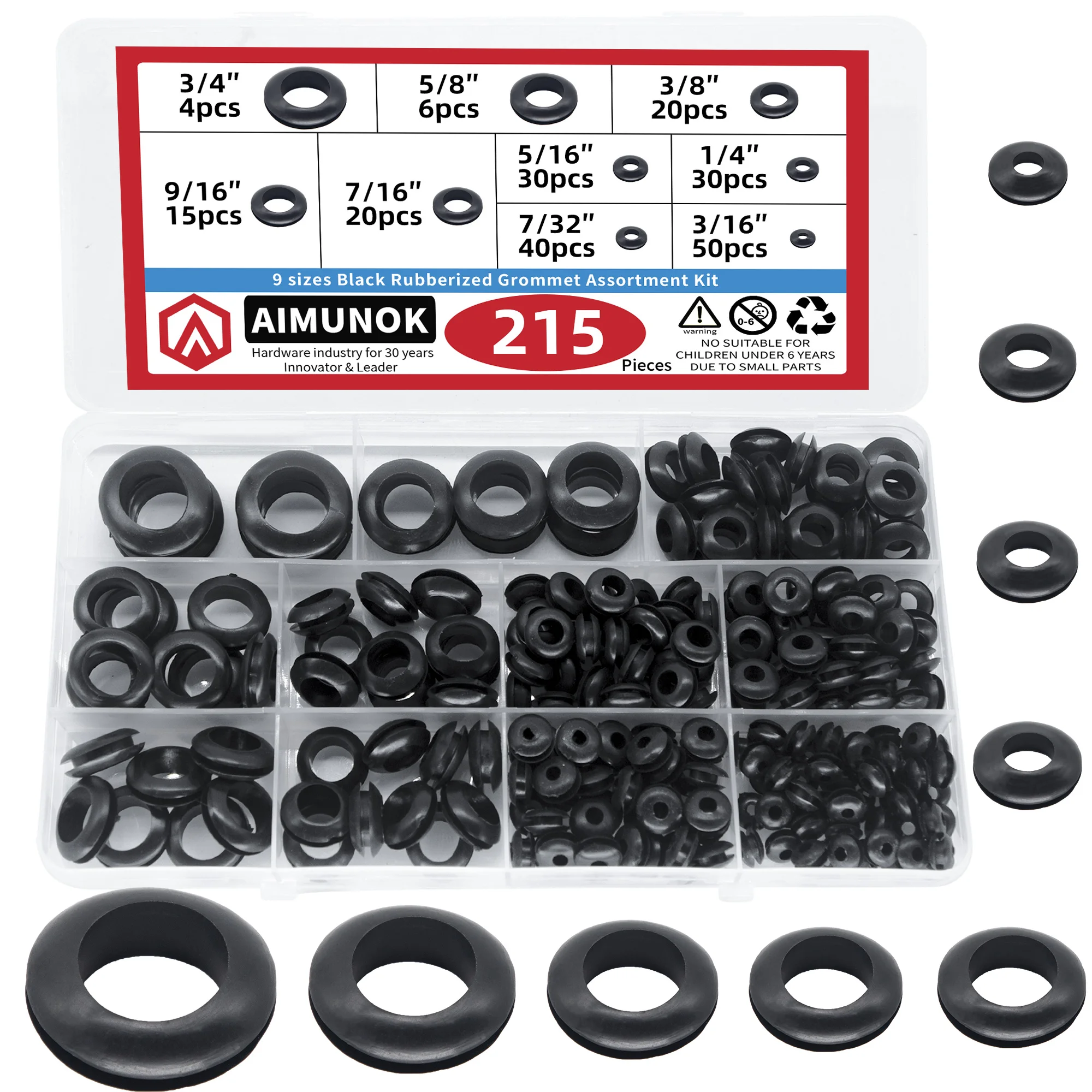 Kit surtido de ojales de goma, arandelas de 9 tamaños, 215 ", 3/16", 7/32 ", 1/4", 5/16 ", 3/8", 7/16 ", 9/16", 5/8 ", 3/4" y ", color negro, piezas