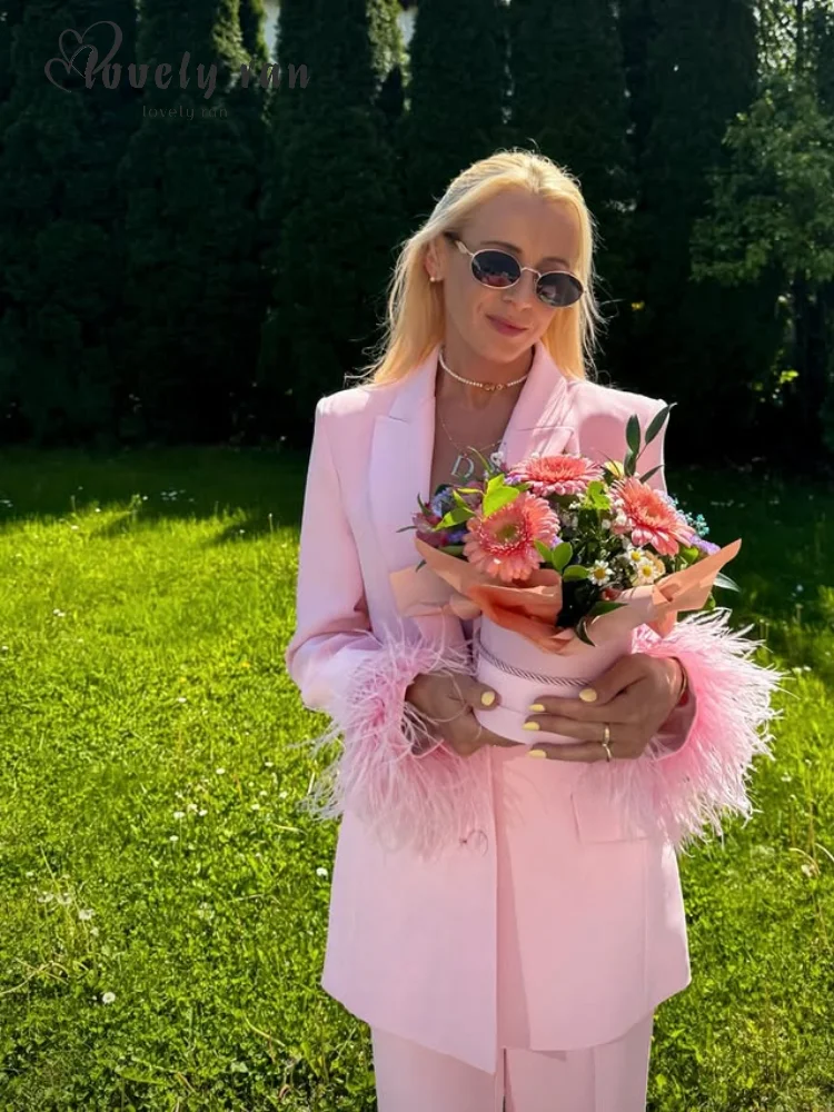 

Elegant Feather Blazer Pants Set Women's Solid Single Breasted Full Sleeve Lapel Coats Straight Trousers 2025 Spring Lady Suits