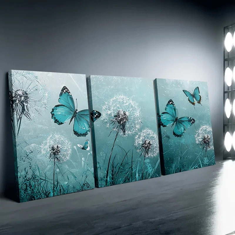 3 Panel Teal Butterfly Dandelion Canvas Wall Art, Vintage Turquoise Floral Print, Home Wall Decor For Living Room Bedroom