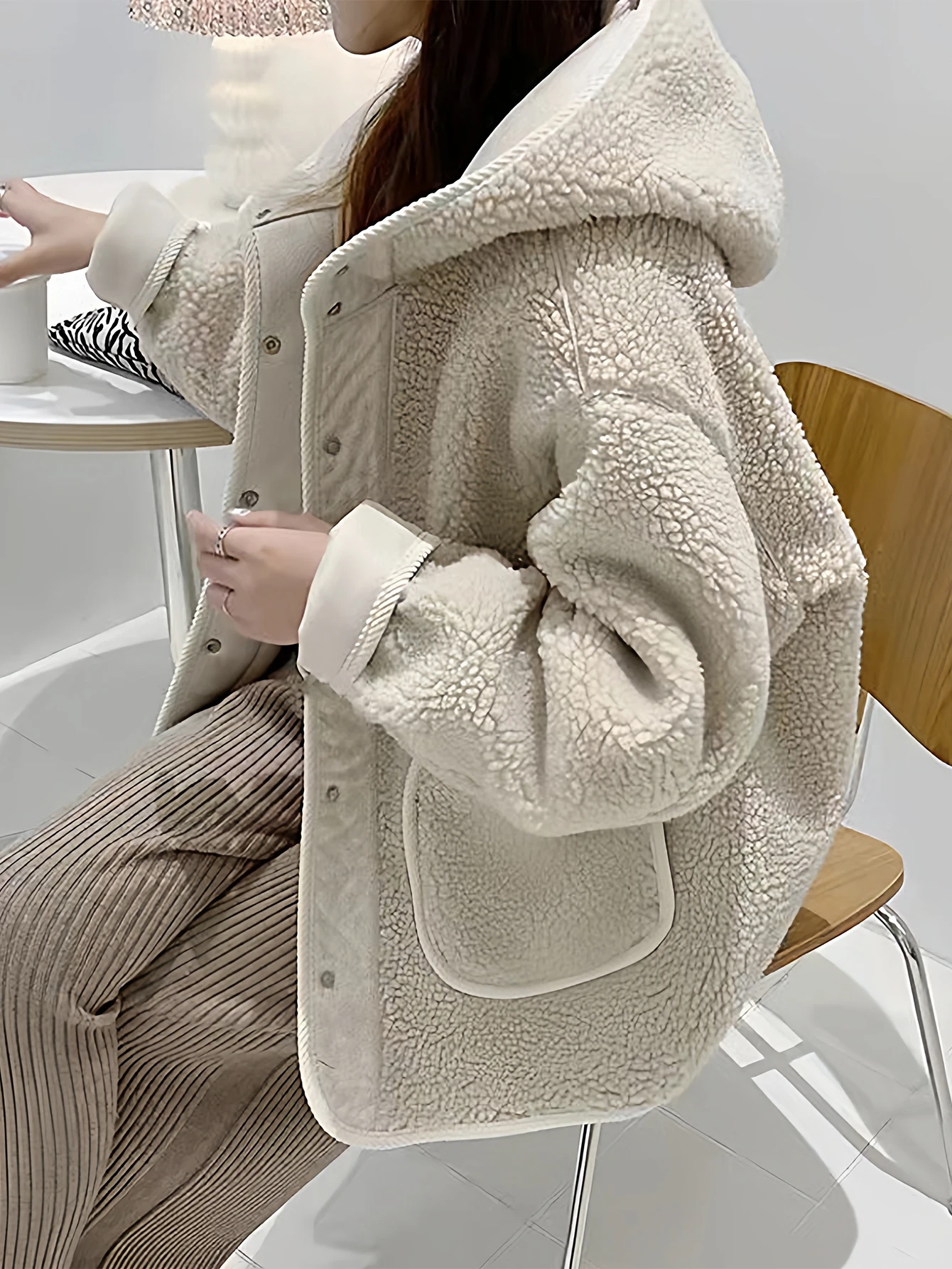 معطف نسائي بقلنسوة من صوف الضأن الصناعي على الطراز الكوري للتخسيس وفضفاض مناسب للخريف والشتاء بأزرار علوية متطابقة تمامًا