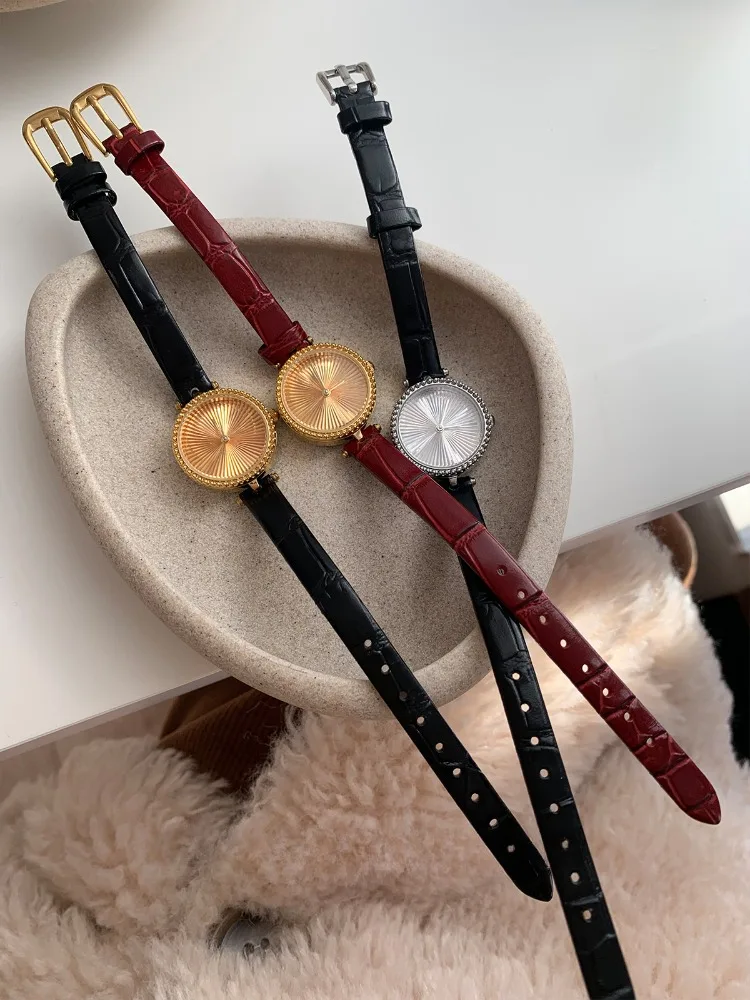 Montre à quartz de luxe en cuir véritable pour femme, bracelet vintage pour femme, cuivre, cadran doré, Noël