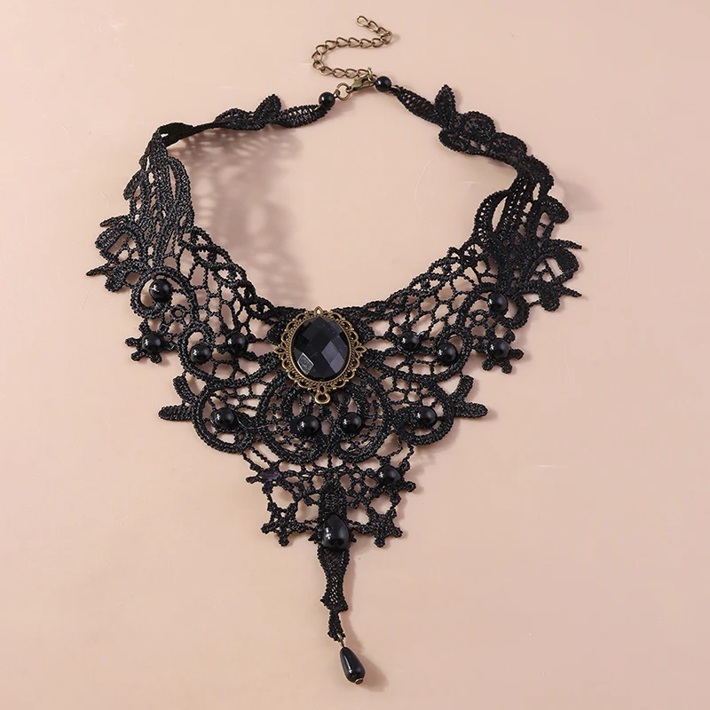 Gothic Victorian Black Lace Necklace for Women Water Drop Sexy Lace Choker Necklace Steampunk Collar Vintage Statement Jewelry