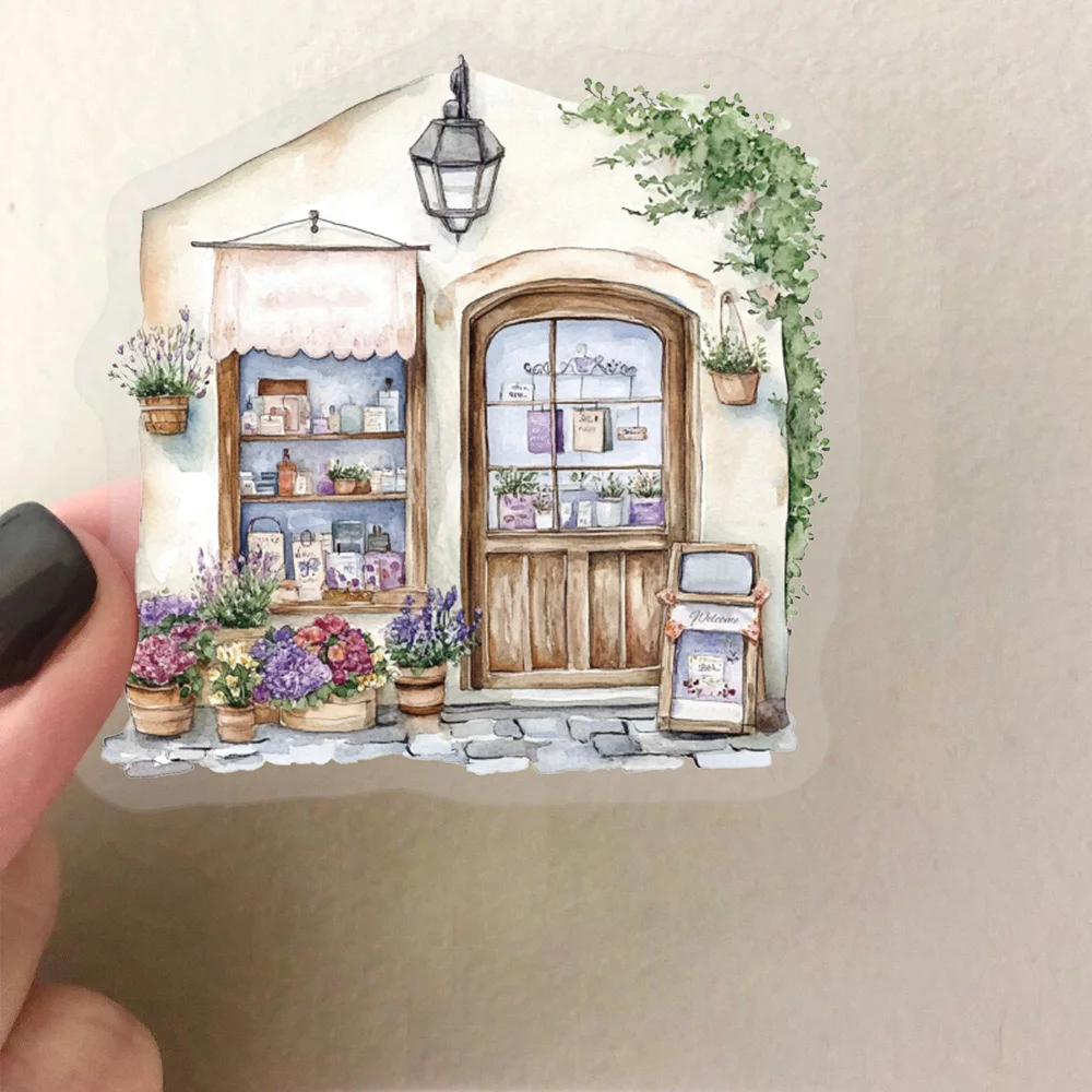 

10/30/50pcs Transparent PET Retro Watercolor Shop Cartoon Stickers Aesthetic Decals Kids Toy DIY Luggage Scrapbook Phone Sticker