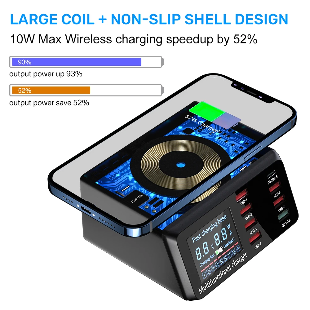 Беспроводное зарядное устройство QI, 10 Вт, мульти-USB адаптер для быстрой зарядки, 8 USB-портов, концентратор для быстрой зарядки 3,0 PD, зарядная ст...