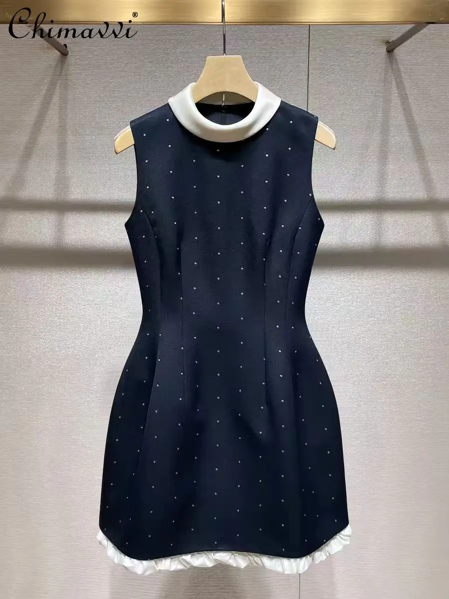 

French Elegant Splicing Stand Collar Sleeveless High Waist Slim A-line Ruffle Splicing Socialite Birthday Party Dress for Women