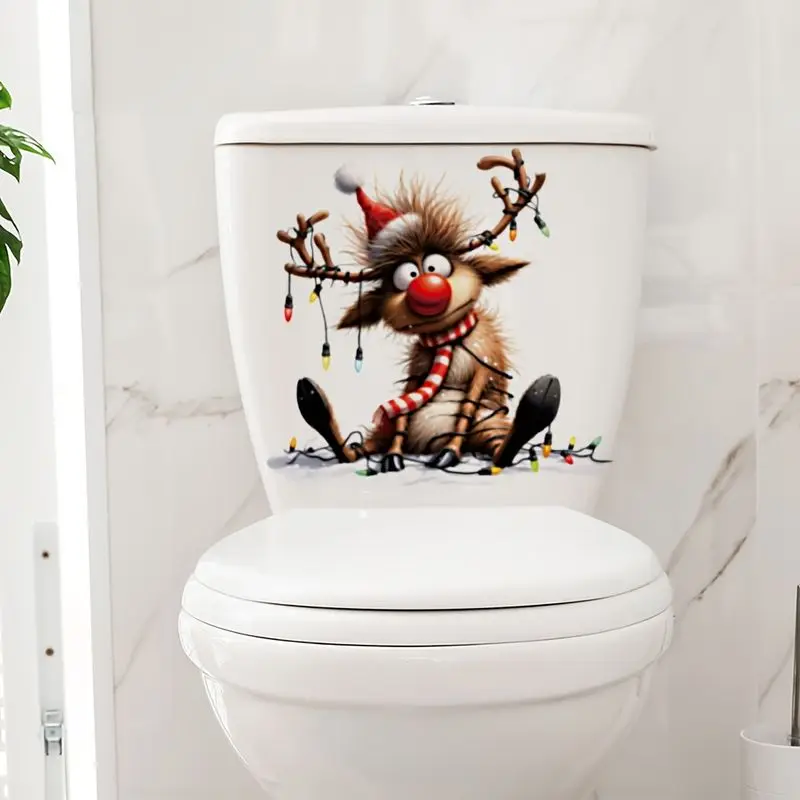 Christmas Reindeer Lantern Toilet Water Tank Sticker Fun Self-Adhesive Waterproof Durable Thick Holiday Decoration Wall Sticker
