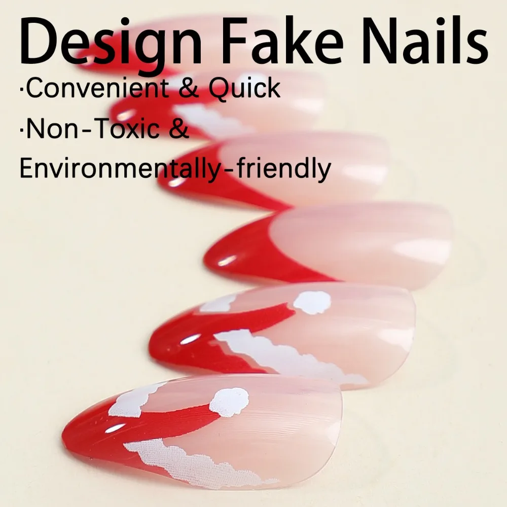 Fashion Christmas French Fake Nails Almond Wearable Manicure False Nail Full Cover Nail Tips Women