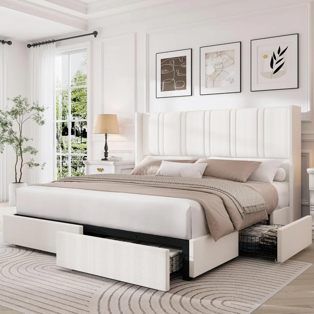 

King Size Bed Frame with 4 Storage Drawers and Wingback Headboard Linen Upholstered Platform Bed Frame with Wooden Slats, Easy A