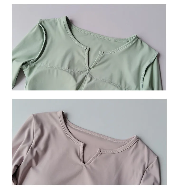 Damen V-Ausschnitt Eng Anliegendes Sexy Yoga-Oberteil Schnelltrocknend Schlankmachendes Fitness-Lauf-T-Shirt Lässiges Sport-Langarm-Mode-Top – Detail 2