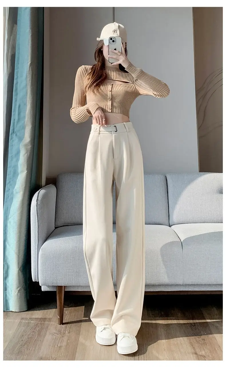 Brown Woolen High-end Suit Pants for Women in Autumn and Winter 2023 New Narrow Version Straight Wide-leg Pants with Drape