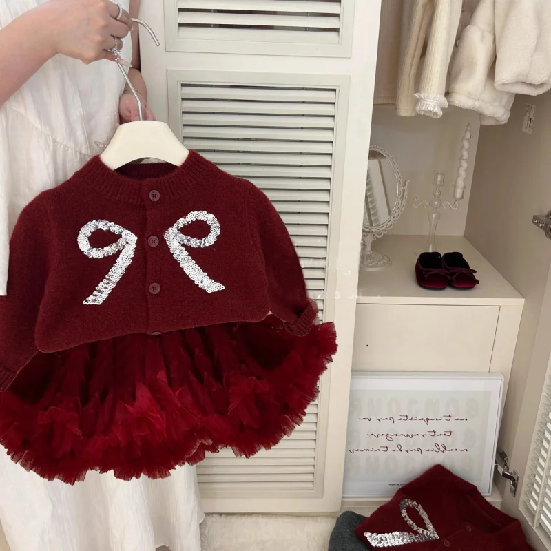 

Autumn and Winter Children's Clothing New Girls' Red Sweaters Small Cherry Knitwear Baby Bubble SkirttutuSkirt