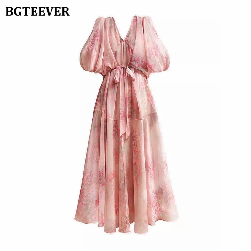 BGTEEVER Elegant V-neck Loose Women Floral Dress Summer Puff Sleeve Female A-line Dress Summer Ladies Vestidos