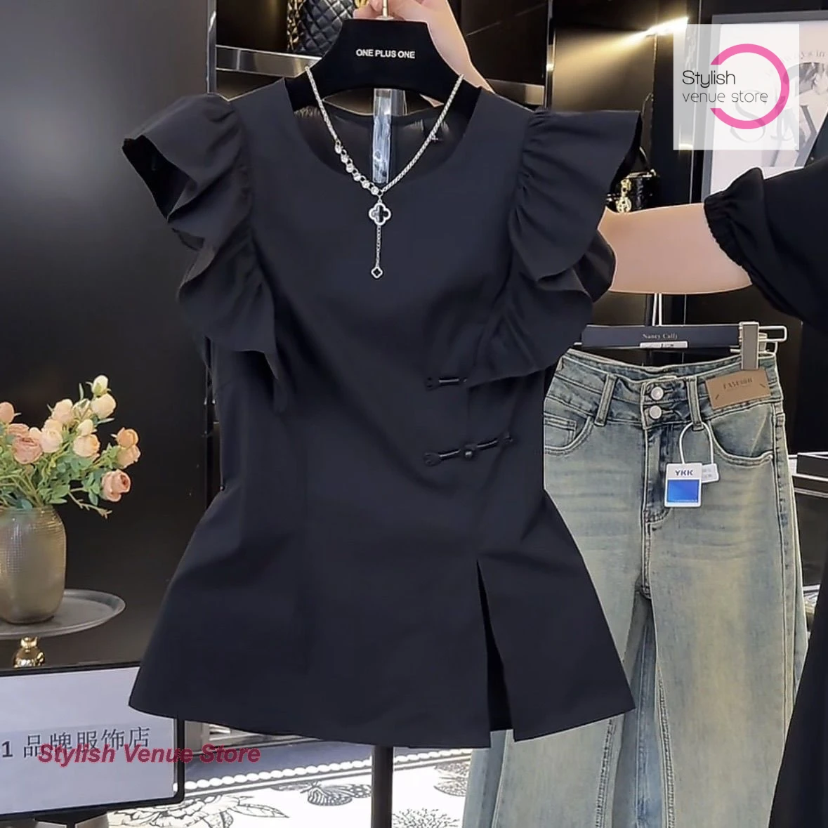 Chinese style black temperament shirt flying sleeves splicing ruffled summer new buckle short-sleeved high-quality fashion top
