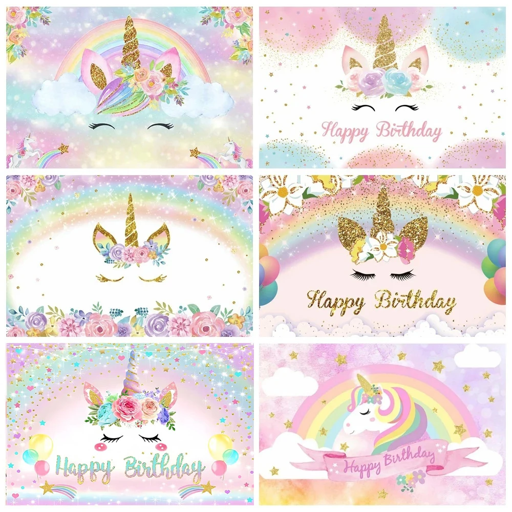 

Unicorn Rainbow Happy Birthday Party Backdrop Flower Gold Glitter Unicorn Baby Shower Girl First Birthday Photography Background