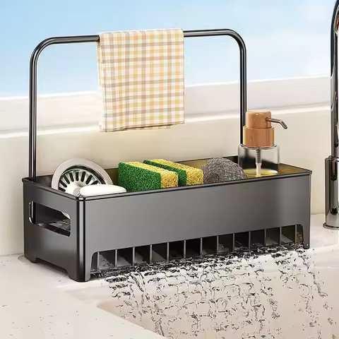 Space-Efficient Kitchen Sink Caddy: Multi-Use Drain Rack &amp; Detachable Holder for Dish Sponges, Cloths, Brushes | Easy to Clean