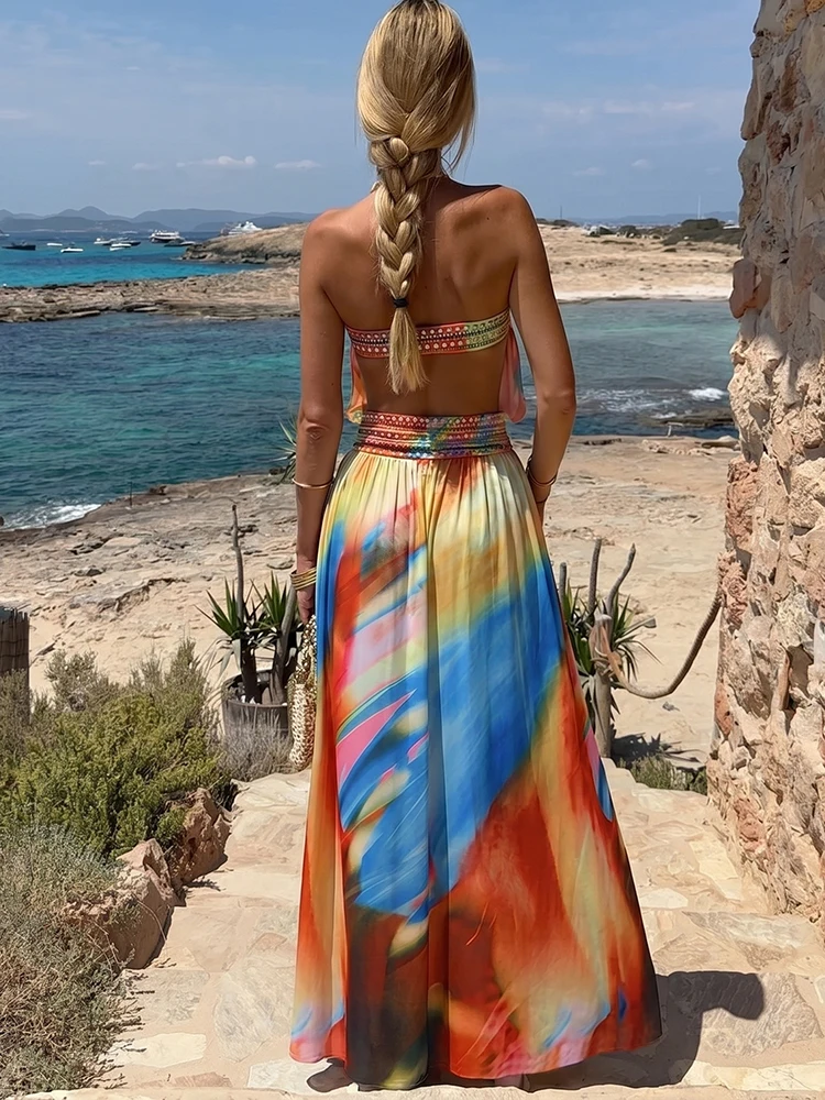 Sisterlinda Damen Sexy Kleid mit buntem Print, Wickelkleid, rückenfrei, hohe Schlitze, Sommer, Urlaub, Strandparty, elegante Party, figurbetont – Detail 13