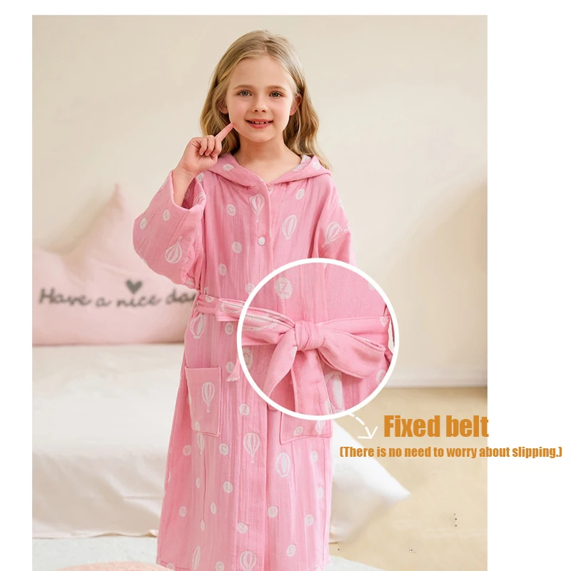 Children's Bathrobe 100% Cotton Double Layer Gauze Robes Cute Long Sleeve Hooded Print Kids Clothes Homewear Sleepwear Boys Girl