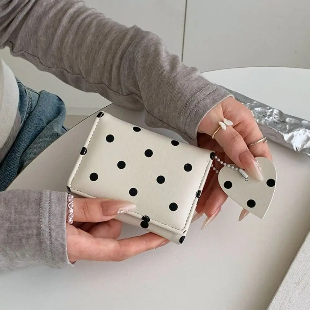 Cute Sweet Trifold Polka Dot Wallet Heart Pendant Multi-card Slot PU Card Holder Multi-functional Lightweight Coin Purse Storage