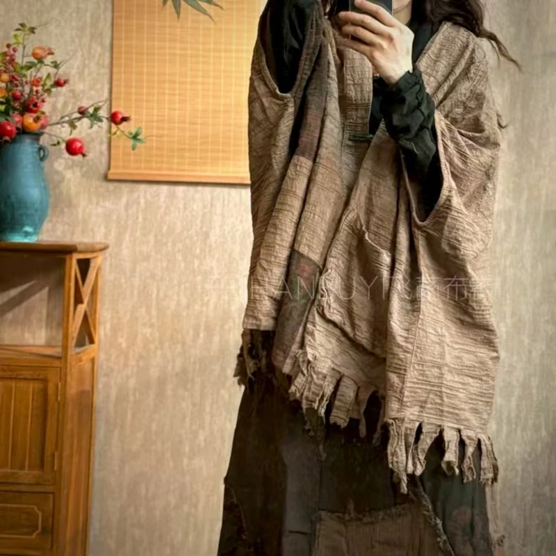 Wiosna Jesień Nowy Styl Artystyczny Damskie Kurtki z Rękawami Nietoperzowymi Zapinane na Jeden Guzik Vintage Patchworkowe Kurtki z Bawełny i Lnu Luźne Płaszcze z Dekoltem w Serek F086