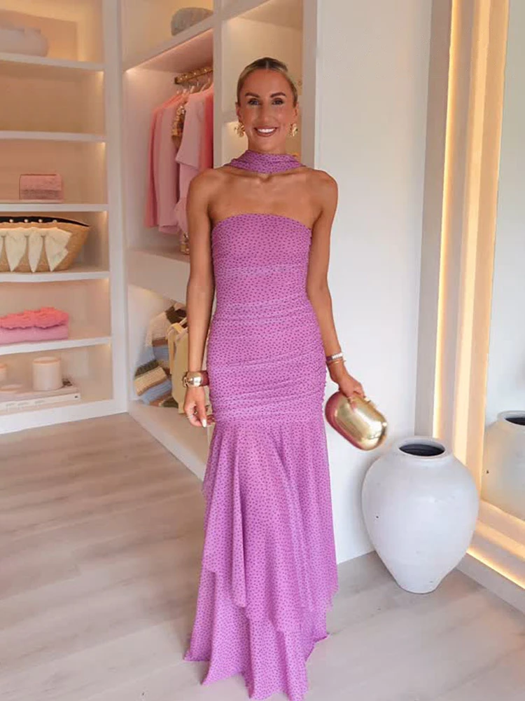 

HH Women Summer Elegant Polka Dot Print Wrinkles Decorate Beach Midi Dress Female Chic Sexy Backless Sleeveless Party Dress